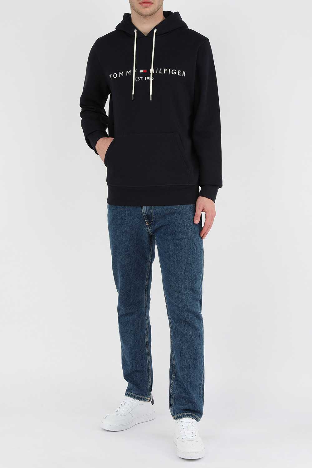 סווטשירט קפוצ'ון כחול עם שם המותג